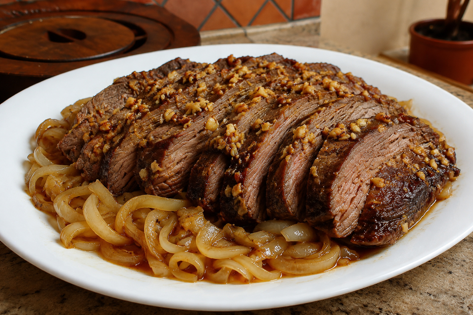 fraldinha assada na panela com cebolas caramelizadas e alho
