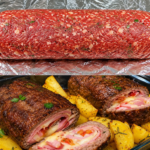 Rocambole de Carne Moída Recheado com Presunto e Queijo, forrado com batatas!