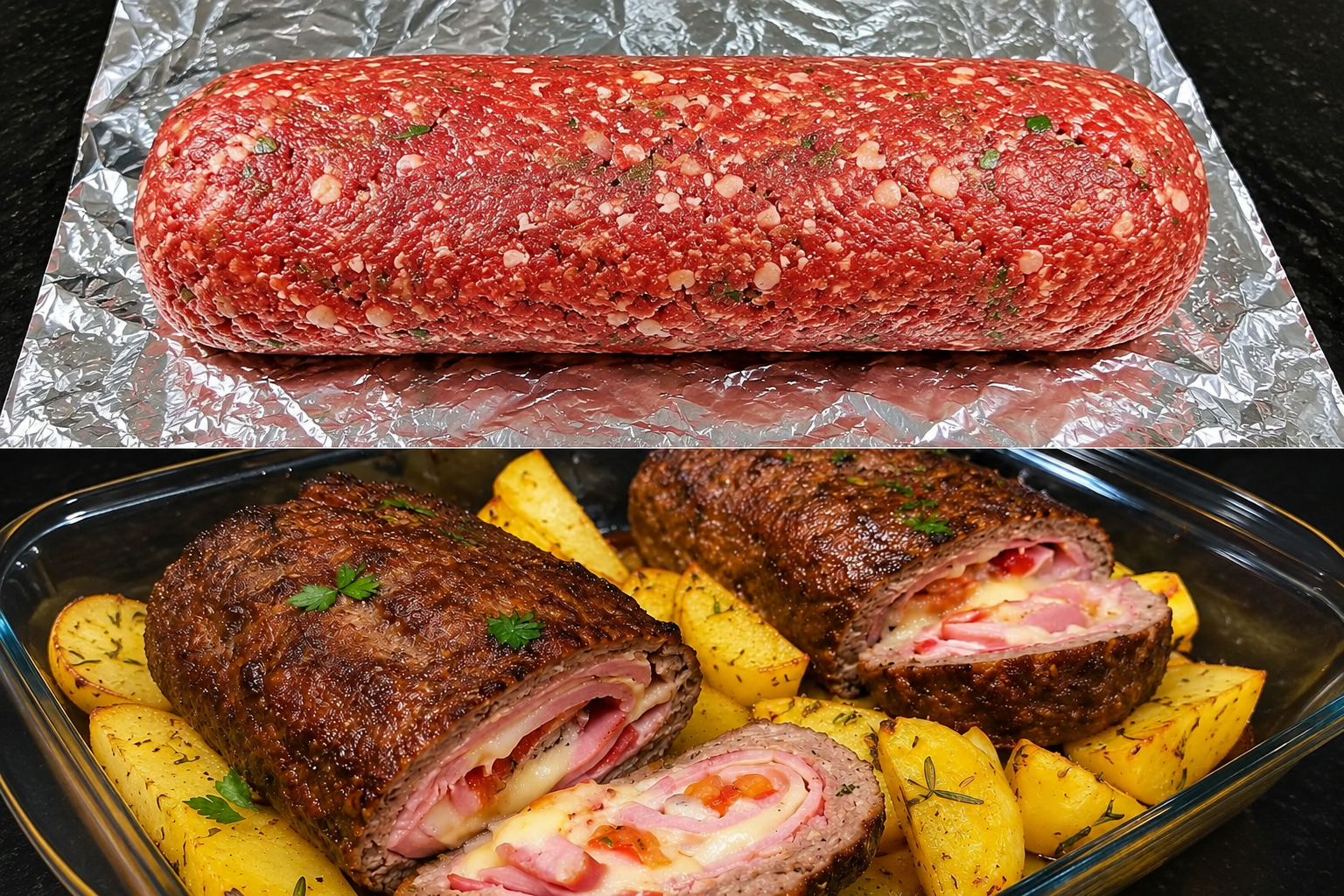 Rocambole de Carne Moída Recheado com Presunto e Queijo, forrado com batatas!
